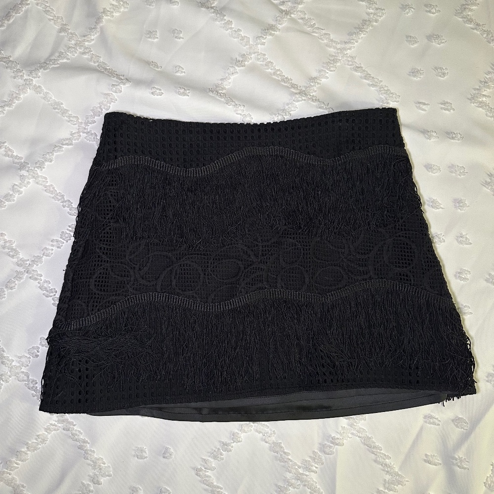 Alexis Black Fringe Mini Skirt, Size Small